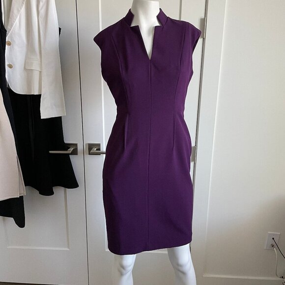 Calvin Klein Cap Slv VNeck Fitted Poly Rayon Blend Lined Midi Dress Purple Sz 6P - Picture 1 of 12
